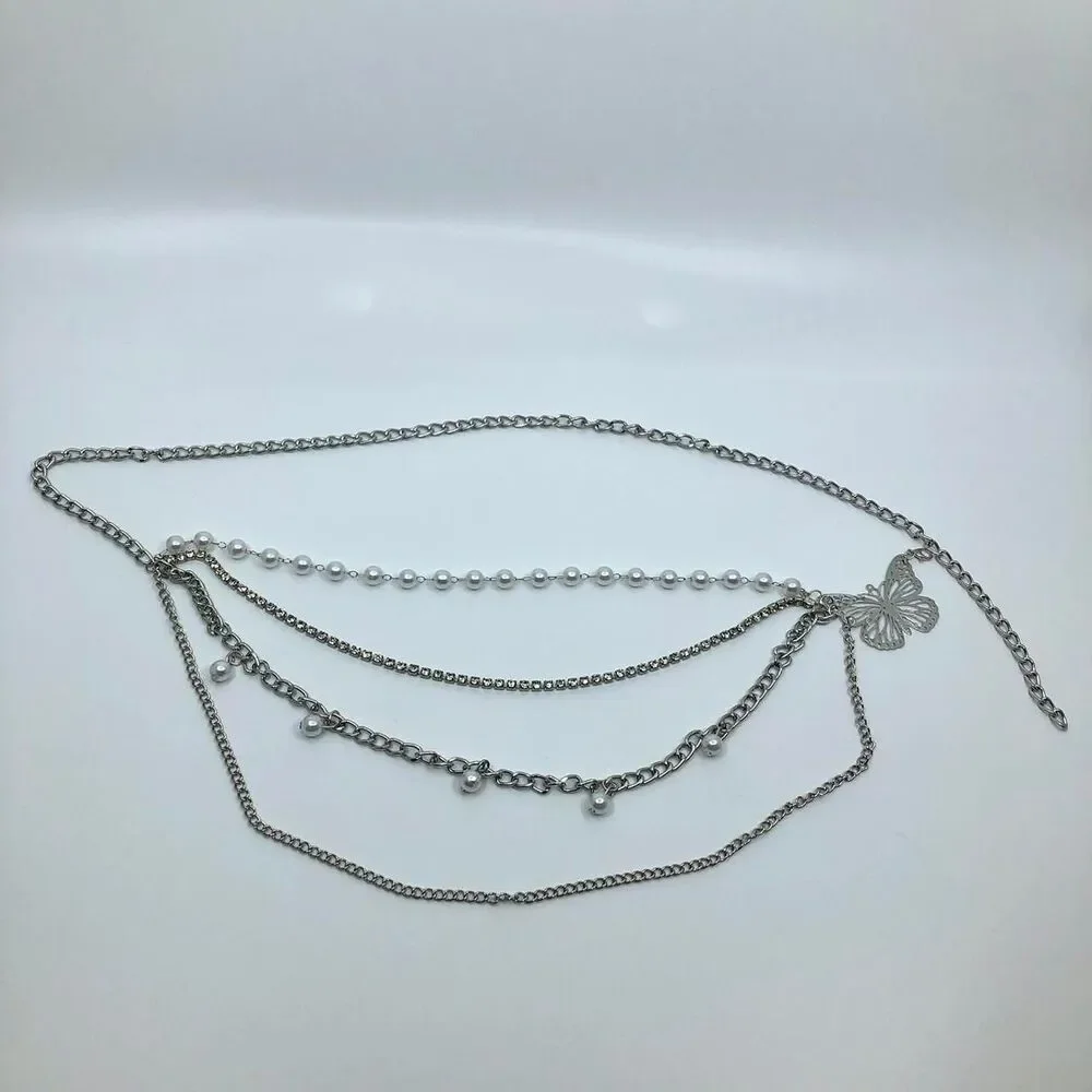 Women's Silver Butterfly Pearl Layered Chain Belt, 35 Inches, X7G9A1046